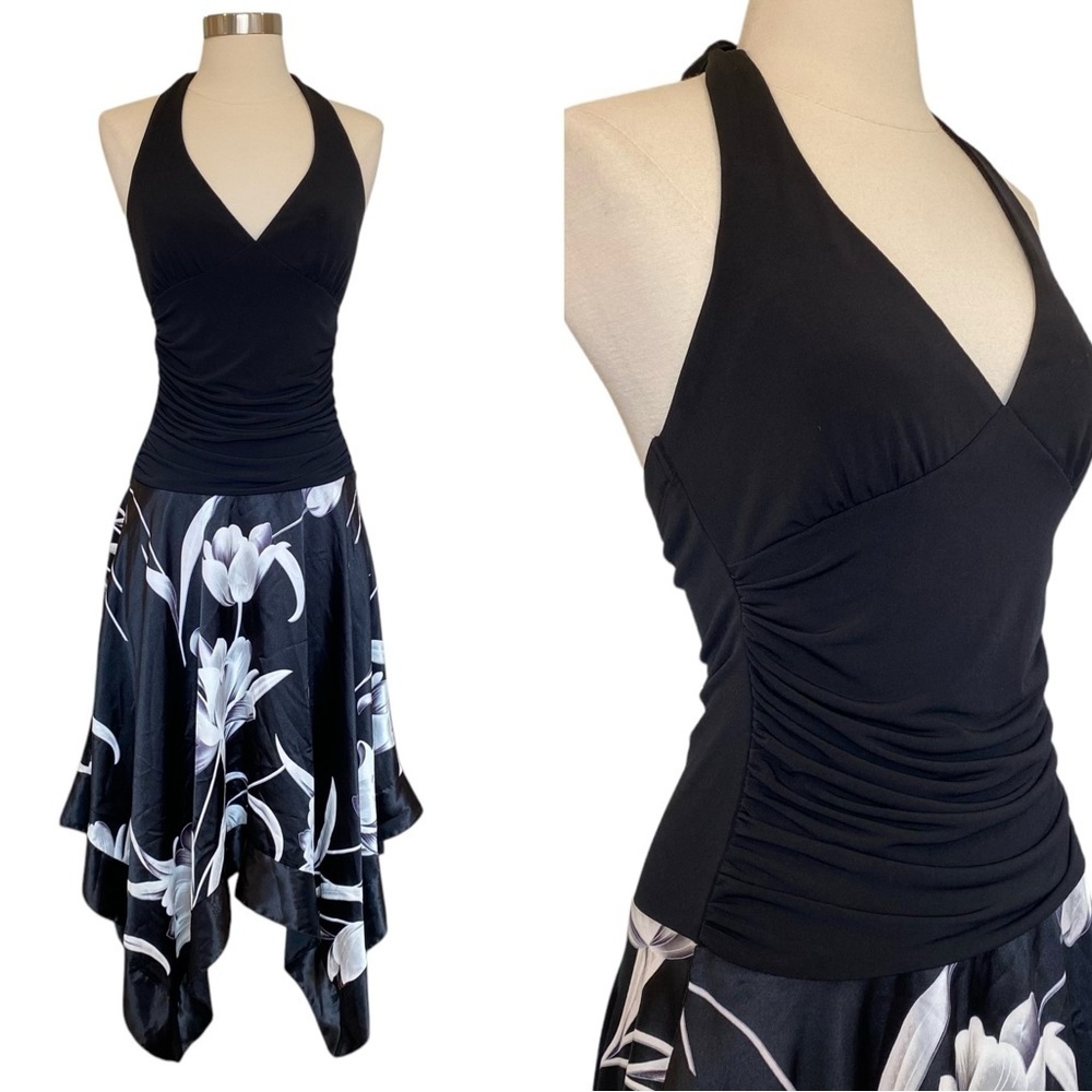 Y2K Charlotte Russe Halter Neck Satin Drop Waist Asymmetrical Hem Midi Dress